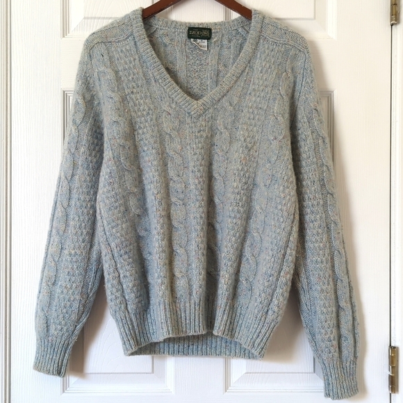 Izod 80's Vintage Speckle Wool Blend Chunky Cable Knit V-neck Aran Sweater Blue - Picture 1 of 10
